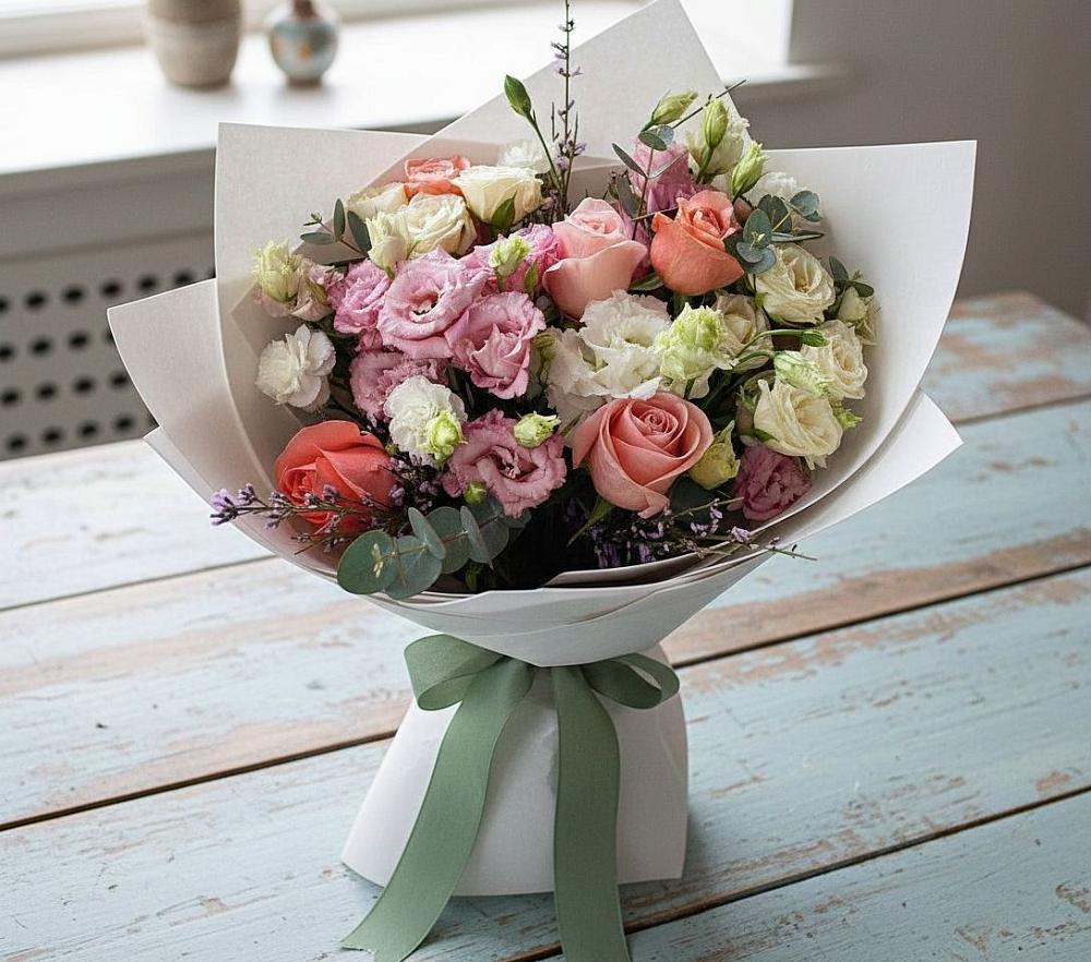 Букет цветов из: Розы, Лизиантусы и Гвоздики в Газопроводск