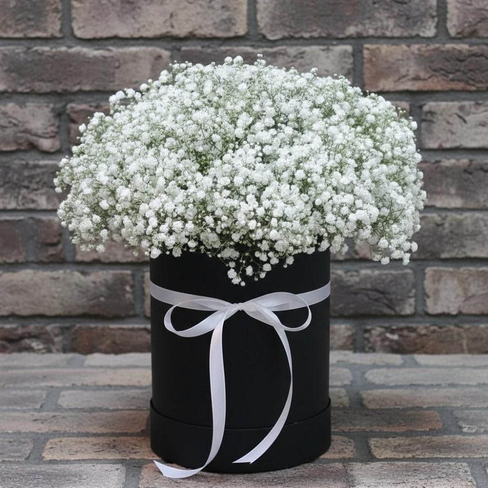 Цветочная композиция из Гипсофила в шляпной коробке в Газопроводск