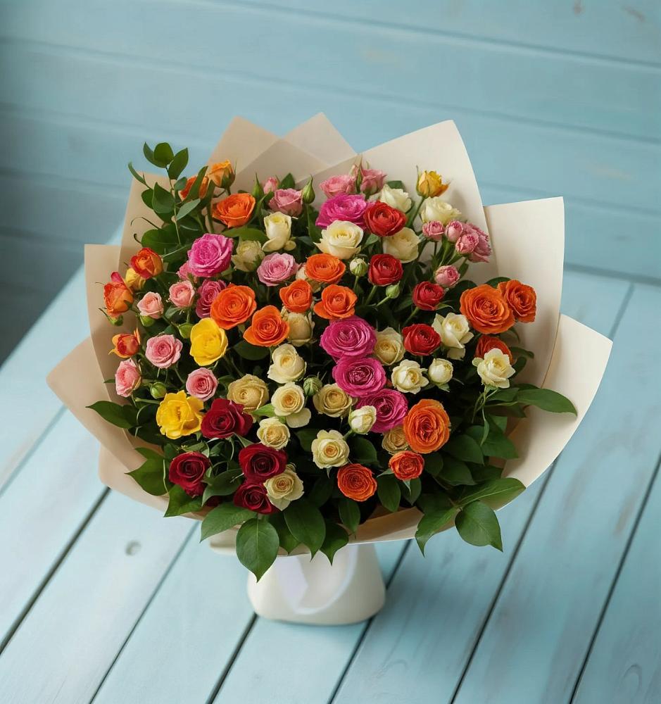 Букет Микс из разноцветных кустовых роз в Газопроводск