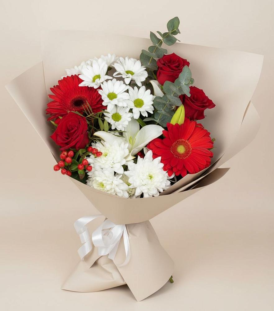 Букет цветов из: Розы, Хризантемы, Герберы и Лилии в Газопроводск